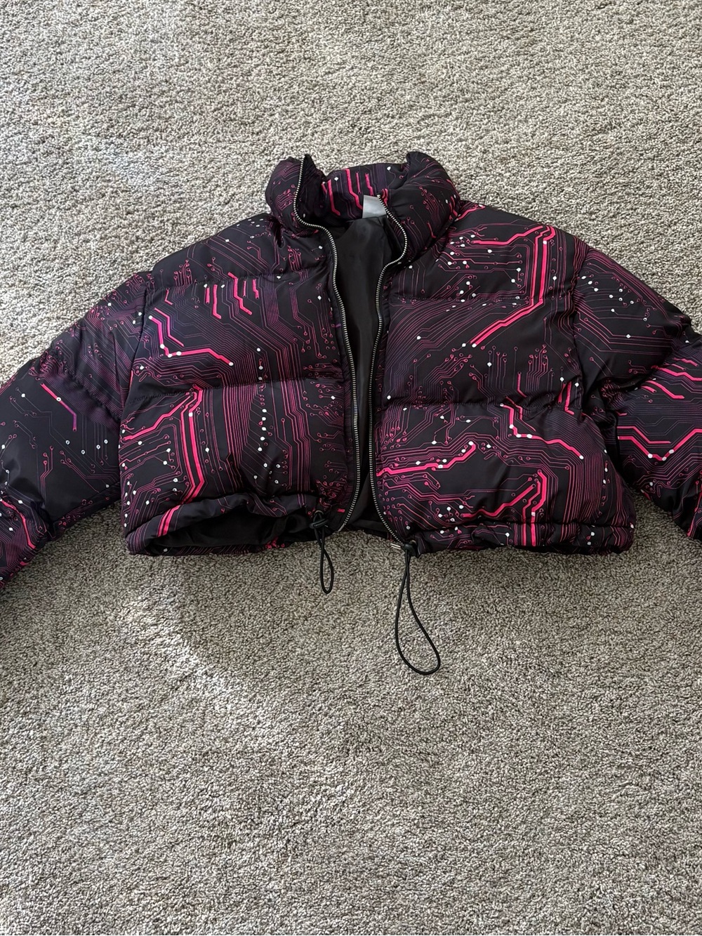 iHeartRaves Circuit Board Cropped Puffer Jacket Pink